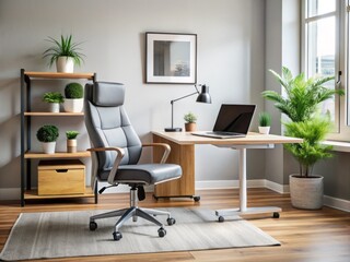 Modern minimalist living room with sleek laptop stand, comfortable lumbar-support chair, and organized workspace,