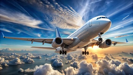 Obraz premium Modern silver airplane with wings outstretched, engines mounted under, and landing gear extended, soaring through a