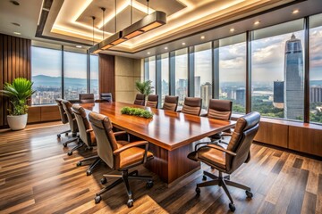 Naklejka premium Modern, sleek conference room with polished wooden table, leather chairs, and floor-to-ceiling windows, exuding