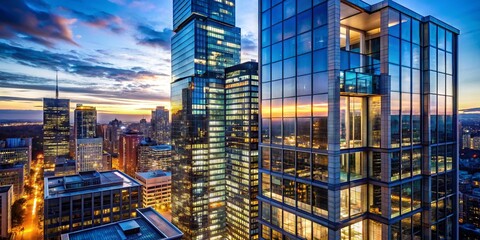 Fototapeta premium Modern sleek glass high-rise building towering above urban cityscape at dusk, with reflections in windows and vibrant