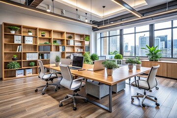 Modern sleek office abounds with stylish furniture, including ergonomic desks, chic chairs, and ample shelving,