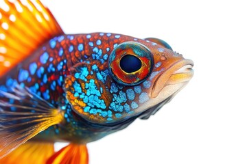 Detailed high-resolution view of an aquatic species, isolated on white, focus on vivid colors and textures