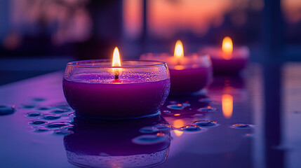 Colorful floating candles in decorative holders against a rich purple gradient background. Perfect for Diwali celebrations and festive decorations.
