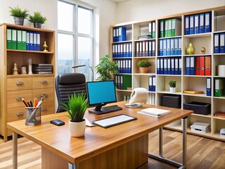 Office desk with organized paperwork, pens, and a computer, surrounded by bookshelves and filing cabinets, evoking a