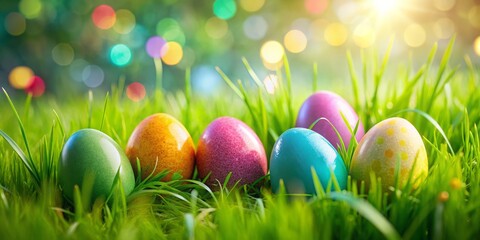 Brightly colored Easter eggs artfully arranged in lush green grass, perfect for the joyful celebration of spring