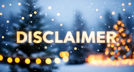 Disclaimer lettering on winter snow holidays blurred lights bokeh background