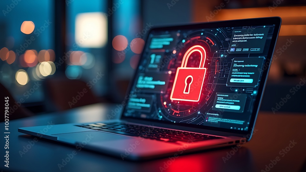 Poster hacker attack. security breach, system hacked, internet cyber attack alert with red broken padlock, 