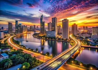 Panoramic cityscape at dusk with sleek skyscrapers, bustling streets, and vibrant neon lights reflected in a serene