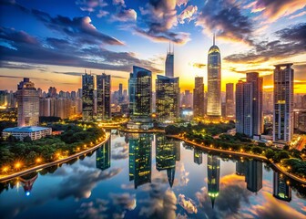 Obraz premium Panoramic view of a bustling metropolis at dusk, with towering skyscrapers, glittering city lights, and a serene lake