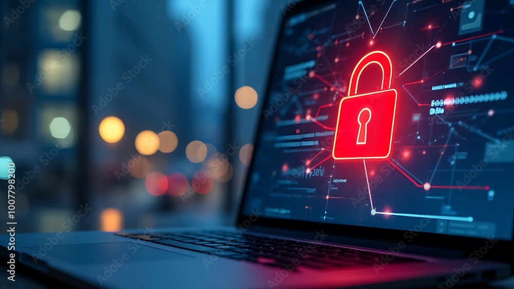 Poster hacker attack. security breach, system hacked, internet cyber attack alert with red broken padlock, 