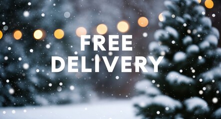 Free delivery lettering on winter snow holidays blurred lights bokeh background