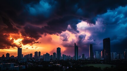Dramatic Thunderstorm Over City Skyline at Dusk, a captivating view of a thunderstorm approaching a vibrant city, silhouettes of buildings contrasted by dark, swirling clouds.