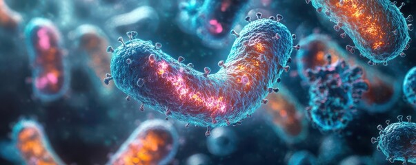 Fototapeta premium Photorealistic microscopy of living microorganisms in a biology study, scifi tone, Analogous Color Scheme, side view, capturing microbial movement and interaction