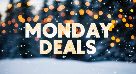 Monday deals lettering on winter snow holidays blurred lights bokeh background