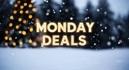 Monday deals lettering on winter snow holidays blurred lights bokeh background