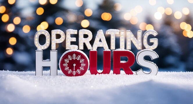operating hours lettering on winter snow holidays blurred lights bokeh background