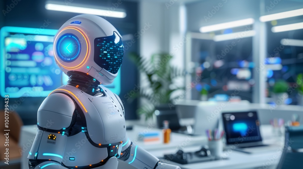 Poster futuristic robot assisting with task organization