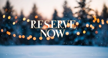 Reserve now lettering on winter snow holidays blurred lights bokeh background