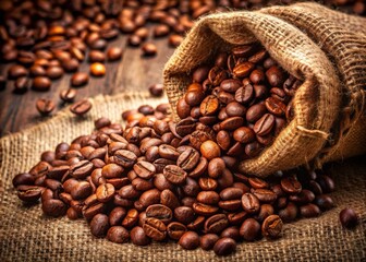 Richly aromatic light-roasted coffee beans spill from a burlap sack, showcasing their subtle sheen and nuanced flavor