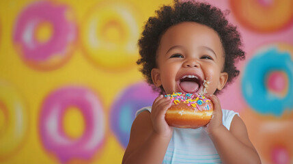 A joyful child celebrates National Fast Food Day with a colorful donut in a playful setting