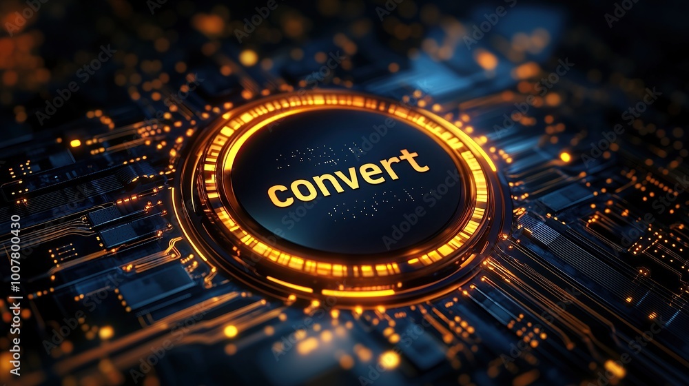 Aufkleber digital conversion: glowing central processor highlighting 'convert