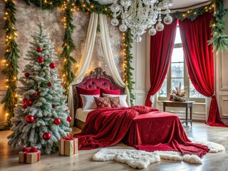 Rich red velvet drapes, snowflakes, and sparkling ornaments adorn a cozy boudoir, where a luxurious throw blanket and