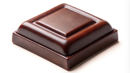 Rich, velvety dark chocolate square with clean edges and subtle sheen, isolated on a crisp white background, inviting