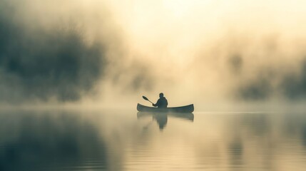 Ethereal Dawn on a Foggy Lake, a serene scene featuring a lone canoeist gliding through misty waters, capturing the essence of solitude and tranquility in nature.
