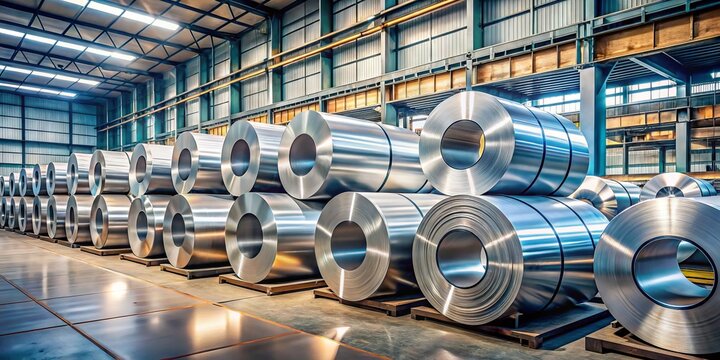 Rolls of cold rolled steel lie stacked in a factory warehouse, their metallic surfaces gleaming in the soft