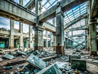 Ruins of a once-majestic structure lie in chaotic disarray, concrete chunks scattered amidst twisted metal beams and
