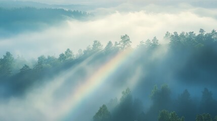 Foggy Landscape with Ethereal Rainbow, a tranquil scene featuring mist-shrouded hills and a delicate rainbow, evoking serenity and wonder in nature's embrace.