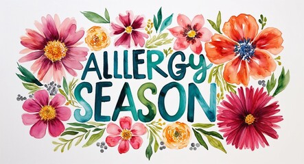 allergy season word lettering with watercolor painting flowers on plain white background