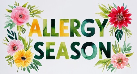 allergy season word lettering with watercolor painting flowers on plain white background