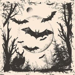 Fototapeta premium Realistic hand drawn halloween illustration with bats, Halloween elements, Happy Halloween 