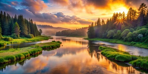 Fototapeta premium Scenic sunset over tranquil Coquille River, surrounded by lush green forestry and misty atmosphere, in the Oregon Coast