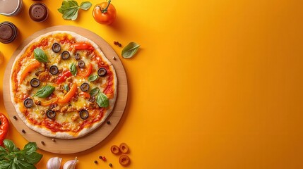 A vibrant pizza topped with cheese, olives, peppers, and basil on a wooden board. Perfect for cooking enthusiasts and food lovers. Bright yellow background adds cheerful energy.