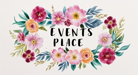 events place word lettering with watercolor painting flowers on plain white background