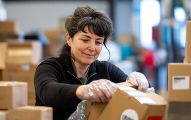 A woman carefully unboxing items in a warehouse setting, showcasing attention to detail and efficiency in her work.