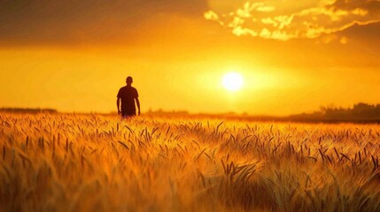 Golden Wheat Field at Sunset, a serene landscape showcasing a farmer's silhouette amidst golden crops, reflecting a profound bond with nature and the harvest.