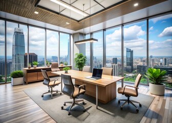 Fototapeta premium Sleek, modern corporate office interior with clean lines, minimalist decor, and expansive cityscape view through