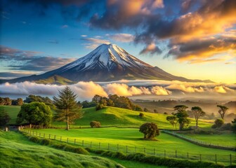 Fototapeta premium Snow-capped Mt. Taranaki towers above lush green pastures and rolling hills, surrounded by misty clouds, in a serene