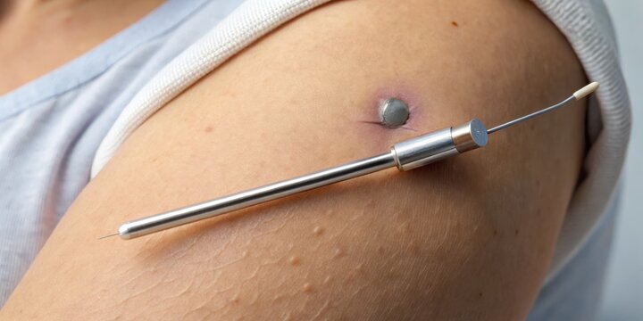 Small, flexible rod inserted under the skin of the upper arm, releasing hormones to prevent pregnancy, with a