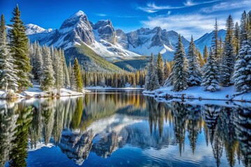 Fototapeta premium Snow-capped Rocky Mountains tower above a serene alpine lake, surrounded by frosty evergreen trees, under a crisp blue