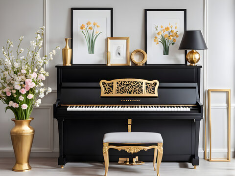 Elegant composition at living room interior with black piano, gold mock up poster frame, spring flowers, decoration, lamp and stylish presonal accessories in modern home decor