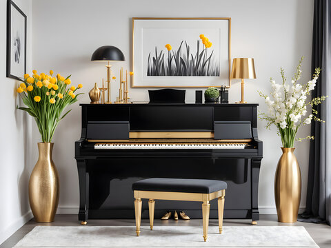 Elegant composition at living room interior with black piano, gold mock up poster frame, spring flowers, decoration, lamp and stylish presonal accessories in modern home decor