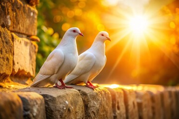 Obraz premium Softly glowing white doves perched on a worn stone ledge, their gentle eyes and feathery bodies illuminated by