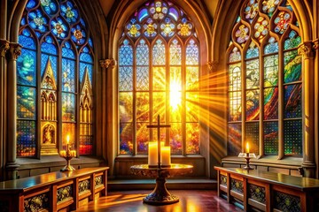 Fototapeta premium Softly glowing rays of warm light emanate from a majestic, ornate stained-glass window, symbolizing hope, forgiveness,