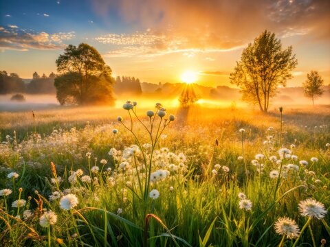 Soft golden light peeks through misty dawn fog, illuminating dew-kissed grass and nascent blooms in serene, idyllic