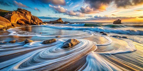 Soft, serene ocean waves roll onto the shore, intersecting with natural rock formations, creating a mesmerizing pattern