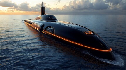 A futuristic black submarine with glowing orange lights, cruising on a calm ocean.